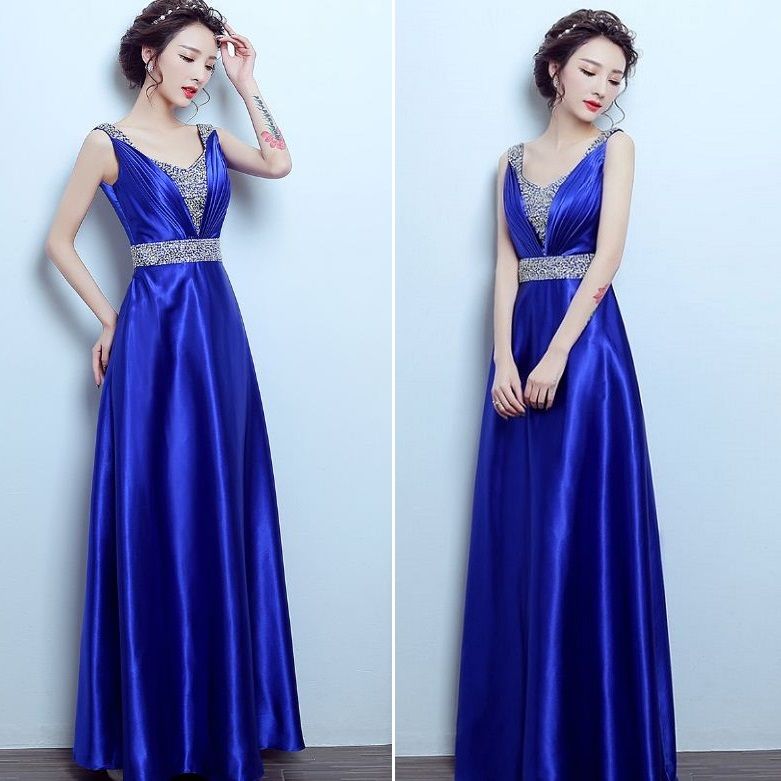 đầm dạ hội vải satin màu xanh dương cao cấp