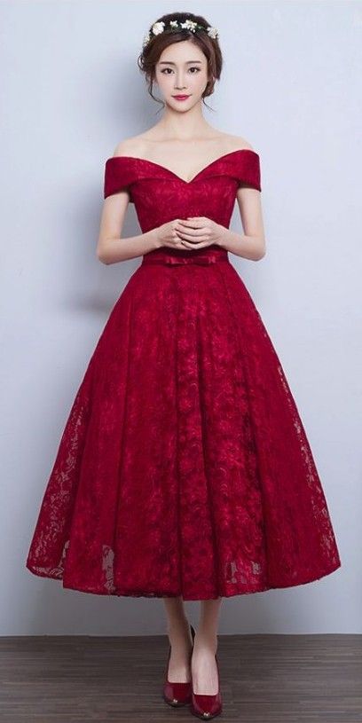 váy dạ hội trễ vai màu đỏ