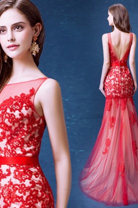Đầm dạ hội đính ren sang trọng màu đỏ DA 32