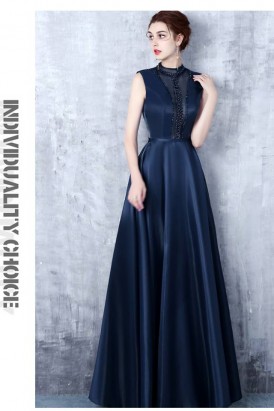 Đầm dạ hội vải satin màu xanh đen DA 234