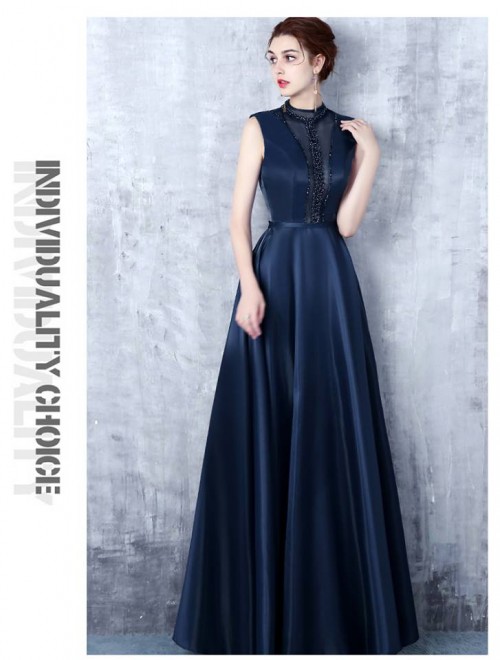 Váy dạ hội màu xanh đen vải phi lụa DA 224